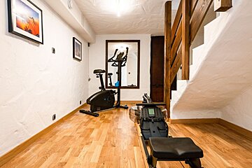 A gym with a bike and a rowing machine