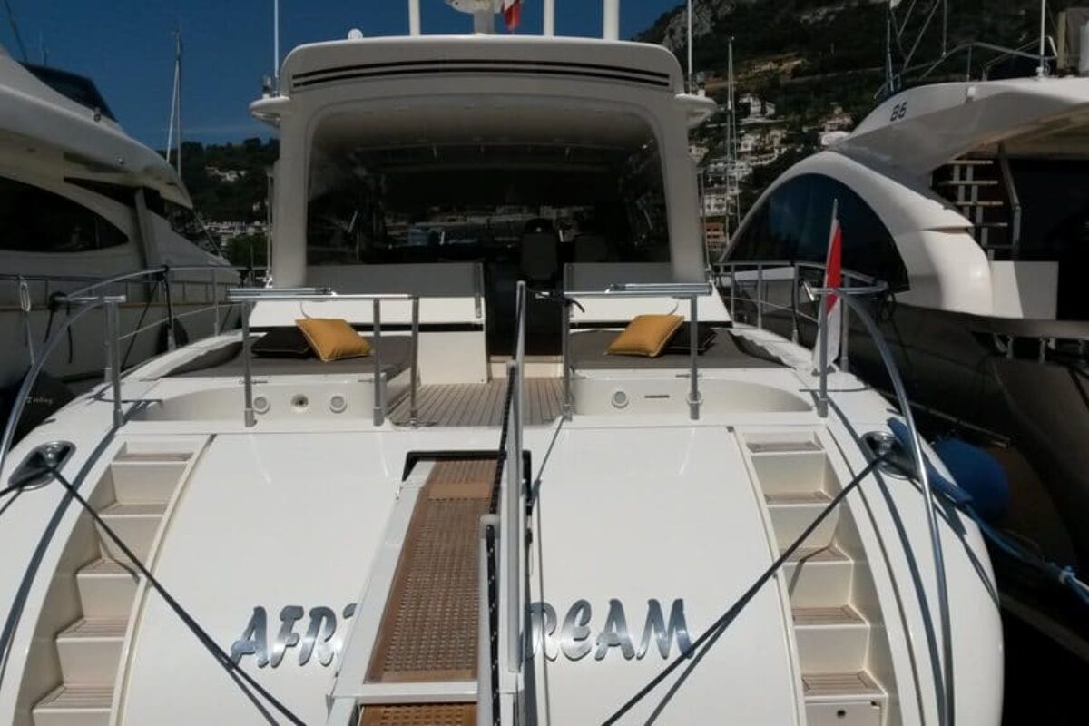 The back of a yacht with the name afro on it