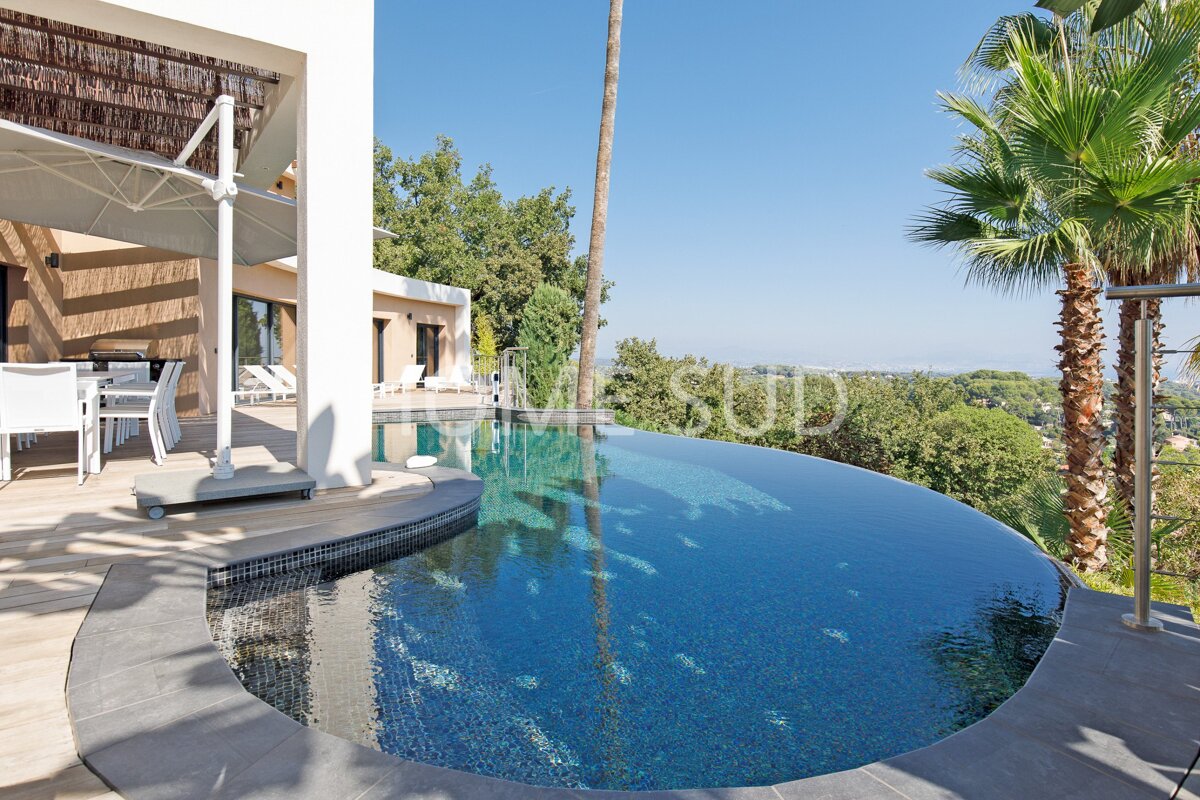 A large swimming pool is surrounded by palm trees and a patio