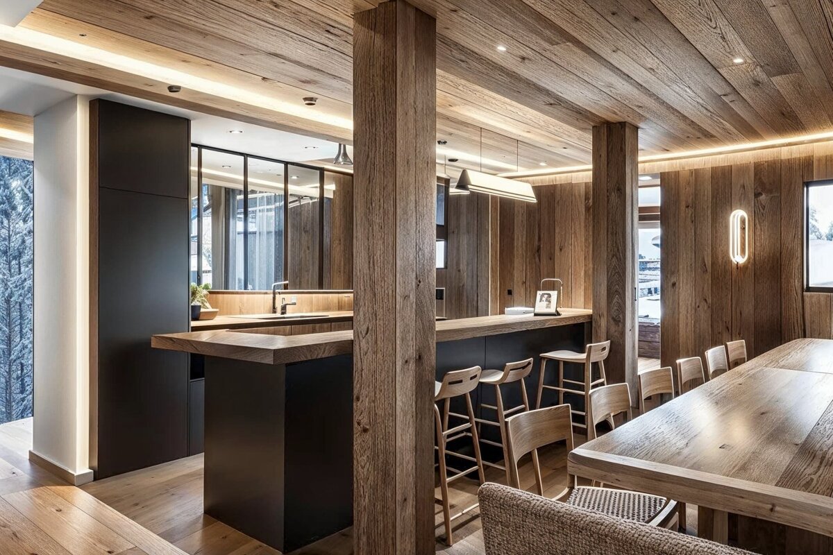 A modern, rustic interior with extensive wood paneling, featuring a sleek black kitchen island, bar stools, and dining table, illuminated by warm, linear lighting.
