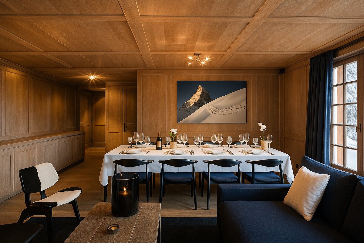 A dining room table with a picture of a mountain on the wall above it