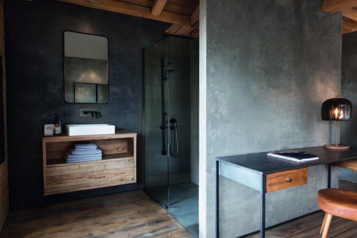Modern rustic bathroom with concrete walls, a wooden vanity, and glass shower next to a minimalist desk workspace.