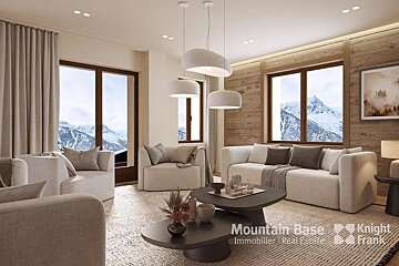 A living room with a couch a chair and a coffee table with the words mountain base immobilier real estate on the bottom