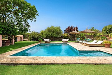 A large swimming pool surrounded by lawn chairs and umbrellas