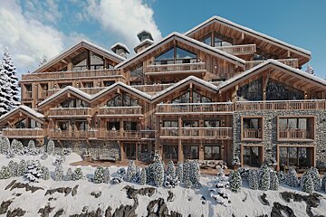 Luxurious multi-level alpine chalet made of wood and stone, nestled in a snowy mountain landscape with balconies and large windows.
