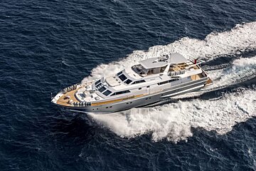 An aerial view of a large yacht in the ocean