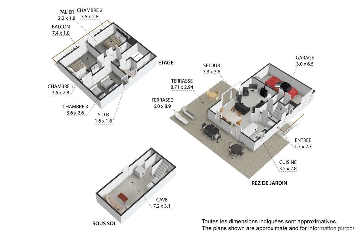3D isometric floor plans displaying a house's basement, ground (garden level), and upper floors. Rooms, furniture, and dimensions are labeled in French.