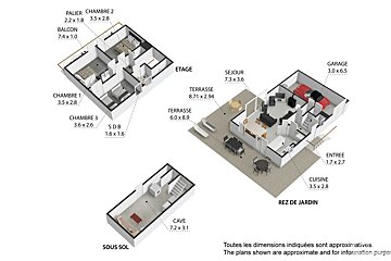 3D isometric floor plans displaying a house's basement, ground (garden level), and upper floors. Rooms, furniture, and dimensions are labeled in French.