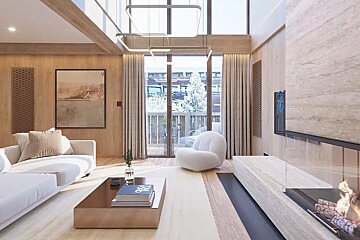 A living room with a couch a chair a coffee table and a fireplace