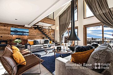 A living room with a fireplace and a sign that says mountain base