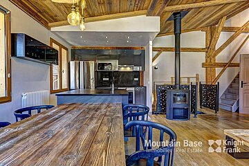 A room with a wooden table and chairs and the words mountain base on the bottom