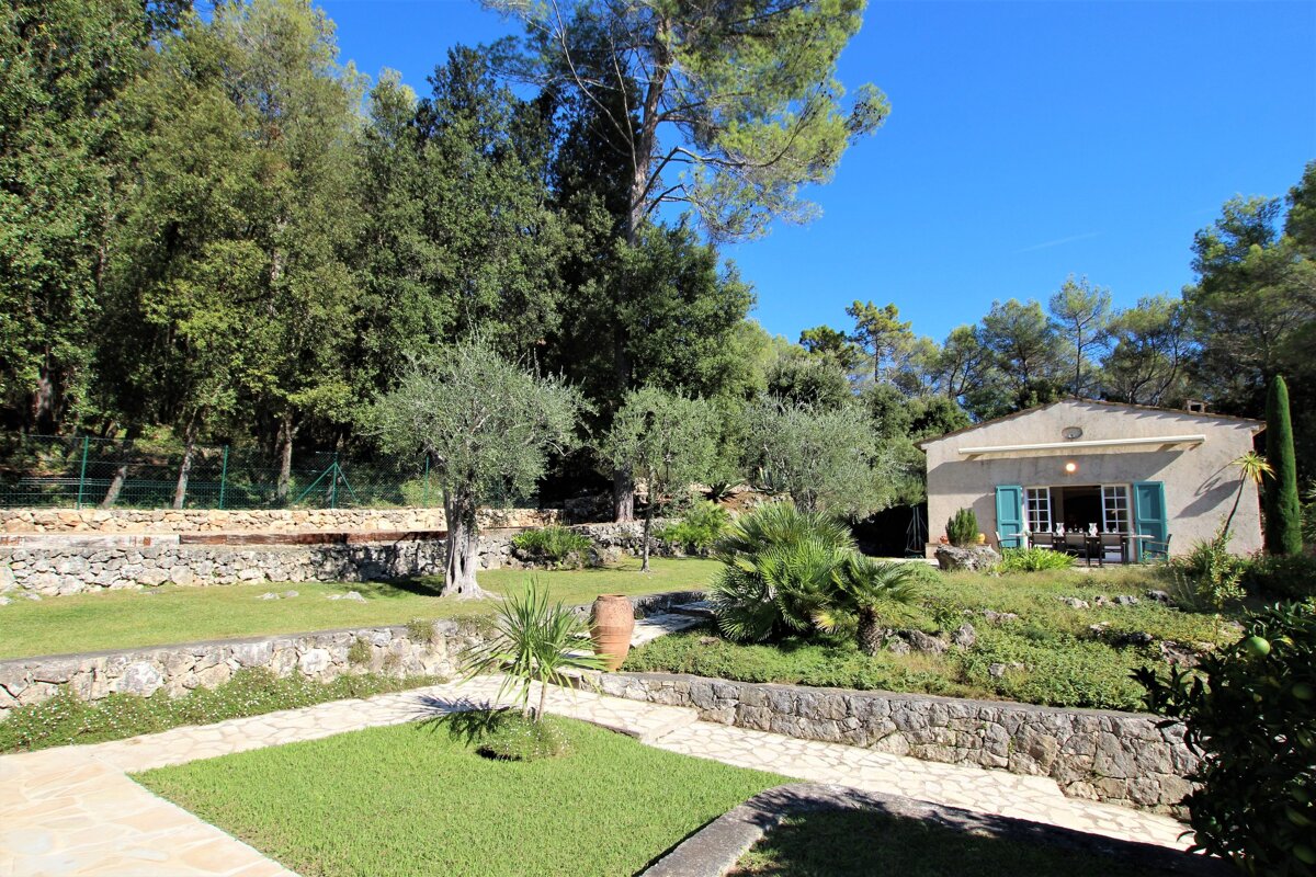 A small house with blue shutters is surrounded by trees