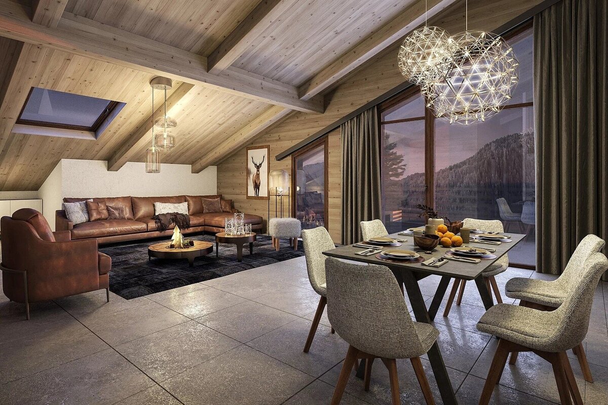Cozy mountain chalet interior with a wooden ceiling, leather furniture, dining area, and scenic views through floor-to-ceiling windows.