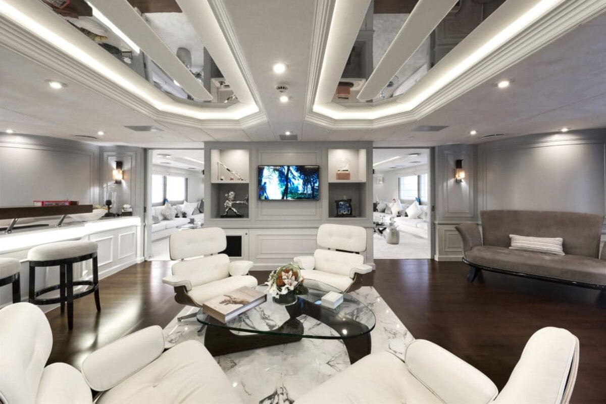 A living room with white furniture and a flat screen tv