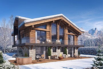 A modern, luxurious wood and stone chalet nestled in a snowy mountain setting. Features include a hot tub, fire pit, and expansive views.
