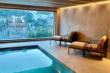A swimming pool with a view of the mountains behind it