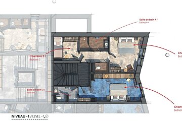 Architectural floor plan (Level -1) showing bedrooms (5, 6, 7) and bathrooms (3, 4) with furniture details and labels.