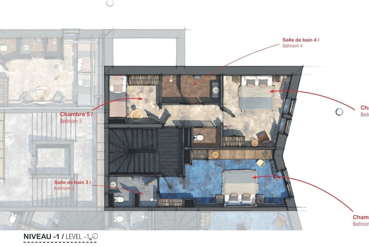 A floor plan of a house showing bedrooms and bathrooms