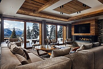 Cozy chalet living room with a fireplace, wooden accents, and large windows revealing a breathtaking snowy mountain vista.