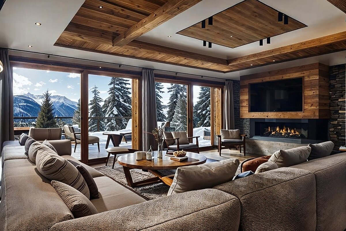 A luxurious modern living room with a stunning panoramic snowy mountain view through large windows, featuring a fireplace, TV, and wood accents.
