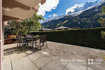 A patio with a table and chairs and the words mountain base on the bottom