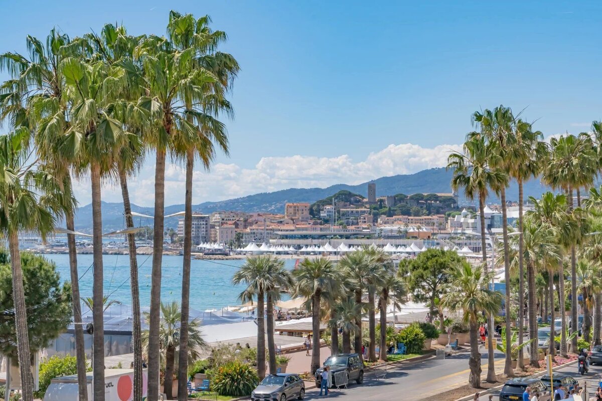 Palm trees line a sunny coastal road overlooking a blue bay with boats, a city on the hills, and distant mountains.