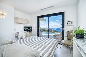 A bedroom with a sliding glass door that says made in provence