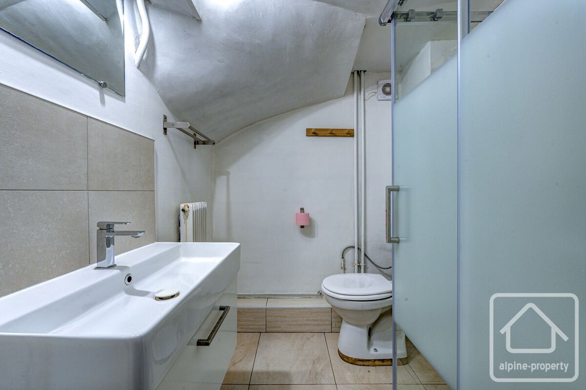 A compact bathroom featuring a white rectangular sink, toilet, and frosted glass shower. It has a sloped ceiling, neutral tiles, and visible pipes.