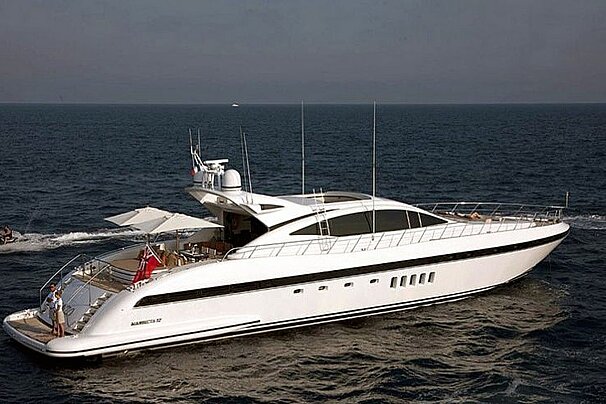 A large white yacht is floating in the ocean