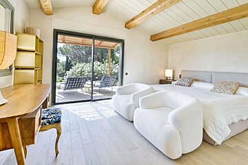 A bedroom with a large bed and two chairs