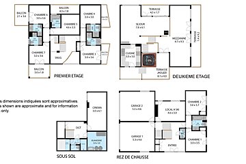 A multi-level architectural floor plan in French, featuring a basement, ground floor, first floor, and second floor.