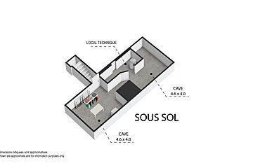 Isometric floor plan of a basement (SOUS SOL) showing a technical room, stairs, two cellars (CAVE), and a utility/laundry area.
