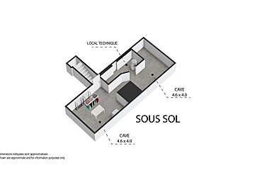 3D isometric floor plan of a basement (Sous Sol), showing a technical room, two storage areas (caves), and a utility space with stairs.