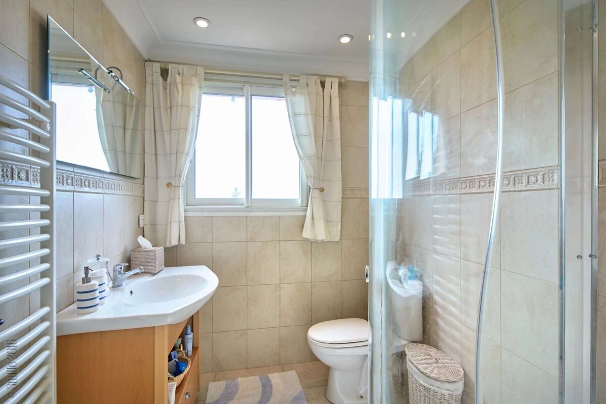 A bathroom with a toilet a sink and a window
