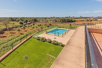 A large swimming pool is surrounded by a lush green lawn