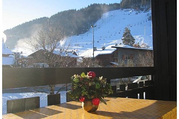 Balcony view of a snowy ski resort with a mountain slope, chairlifts, and houses. A decorative plant sits on a sunny table in the foreground.