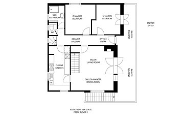 A first-floor plan displaying a kitchen, living room, dining room, two bedrooms, a bathroom, WC, hallway, and two balconies.