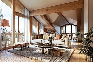 An elegant attic living room with exposed wooden beams, a comfy sofa, and large windows offering a stunning snowy mountain vista. Warm, natural decor.