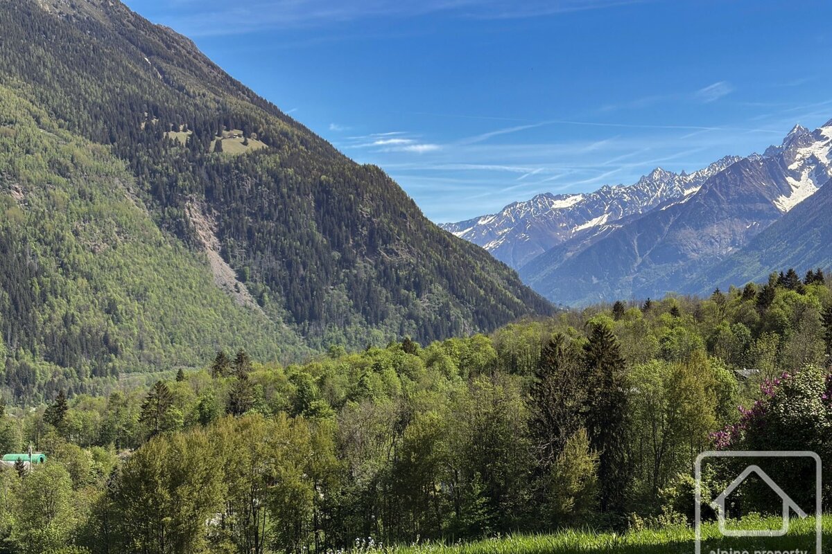 A lush green alpine valley with dense forests, steep mountainsides, and distant snow-capped peaks under a clear blue sky.
