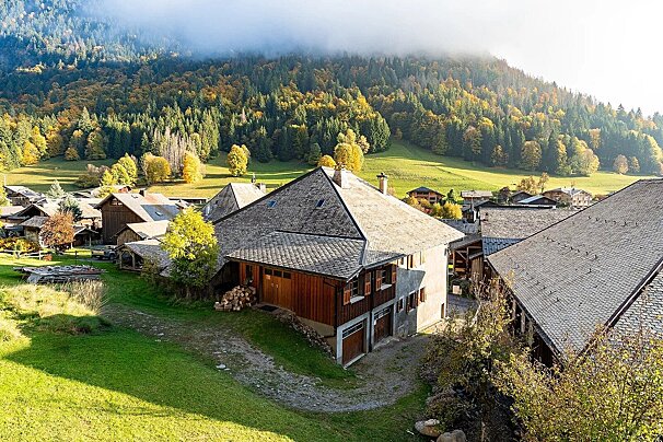 A quaint mountain village with rustic homes, surrounded by vibrant autumn trees, green fields, and a misty forest mountain.