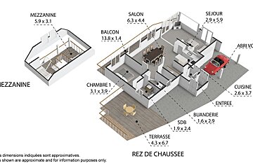 A 3d floor plan of a house with rez de chaussee at the bottom