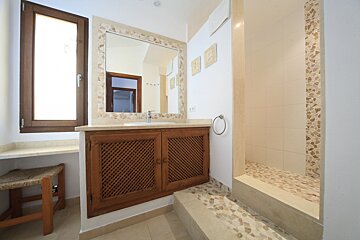 A bathroom with a sink a mirror and a walk in shower