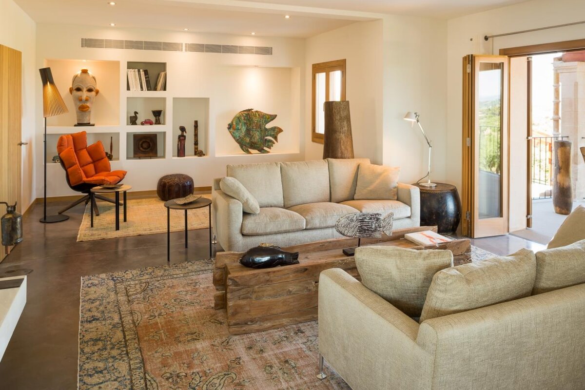 A living room with a couch and a coffee table