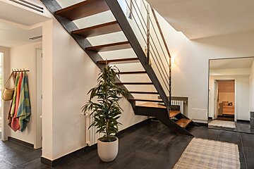 A staircase with a potted plant in the middle of it