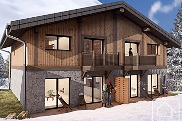 A two-story alpine chalet with a stone base and wooden upper level, featuring balconies and a deck in a snowy winter setting.
