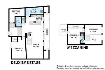 Two floor plans: a second floor with living, kitchen, bedroom 5, and a mezzanine with bedroom 6, balcony. Dimensions included.