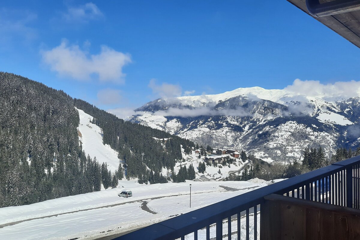 A scenic balcony view of snow-covered mountains, pine forests, and a small valley village under a clear blue sky.