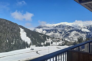 A scenic balcony view of snow-covered mountains, pine forests, and a small valley village under a clear blue sky.