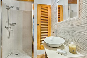 A bathroom with a sink a mirror and a shower