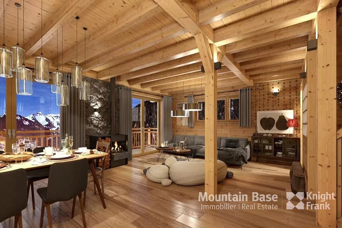 A luxurious, cozy wooden chalet interior with an open-plan living and dining area, a fireplace, and stunning mountain views through large windows.
